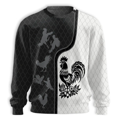 Monochrome Rooster Pattern Sweatshirt – Colorful Graphic 3D All Over Print Design