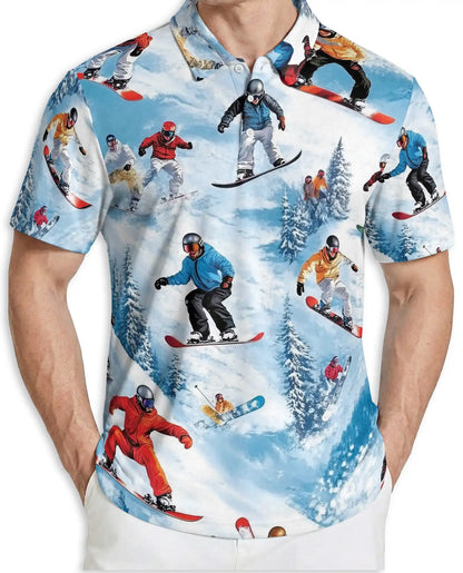 Snowboard Winter Sports 3D Polo Shirt for Men, Extreme Mountain Style | Azhawaiian
