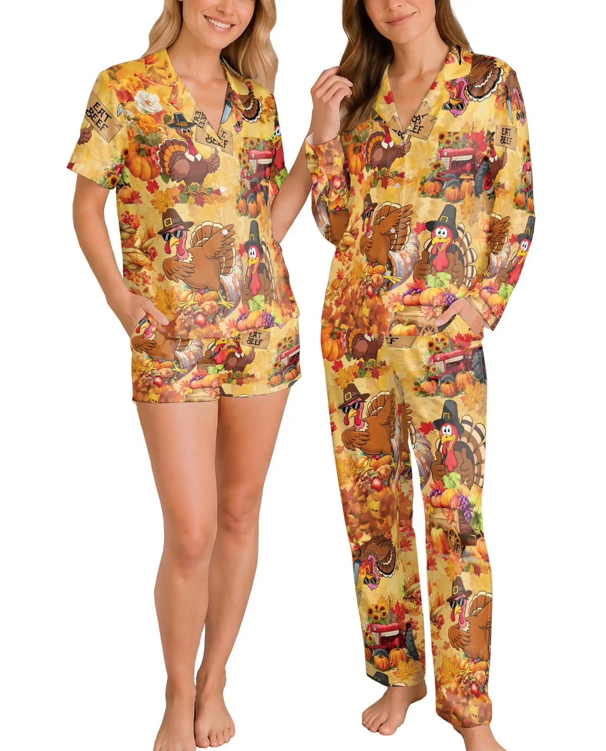 Funny Turkey Thanksgiving Pajama Set for Women, Fall Harvest Holiday Sleepwear
