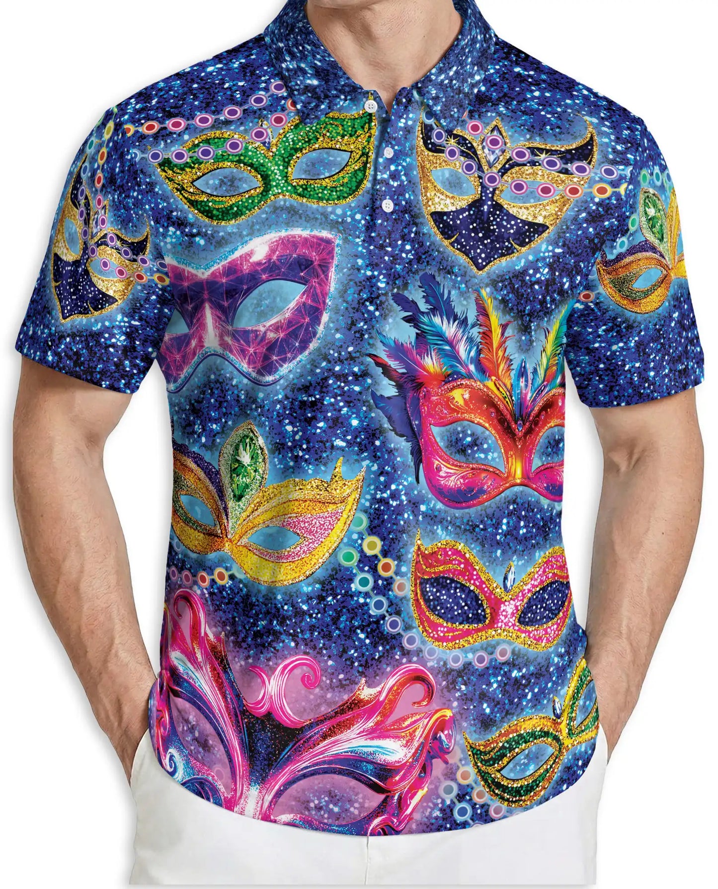 Masquerade Mask Polo Shirt, Carnival Fantasy Print | Azhawaiian
