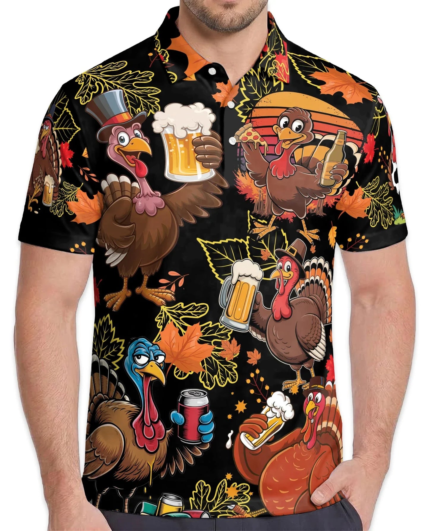 Funny Thanksgiving Turkey Polo Shirt for Men, Holiday Pattern Style | Azhawaiian