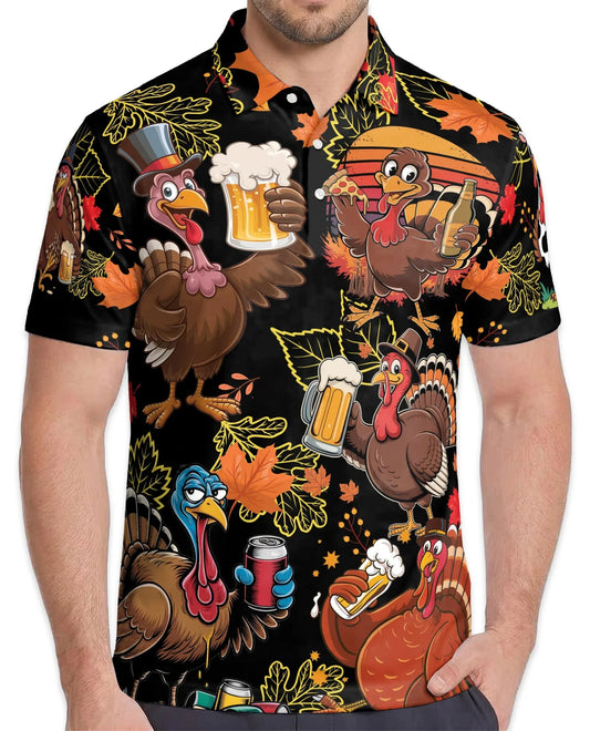 Funny Thanksgiving Turkey Polo Shirt for Men, Holiday Pattern Style | Azhawaiian