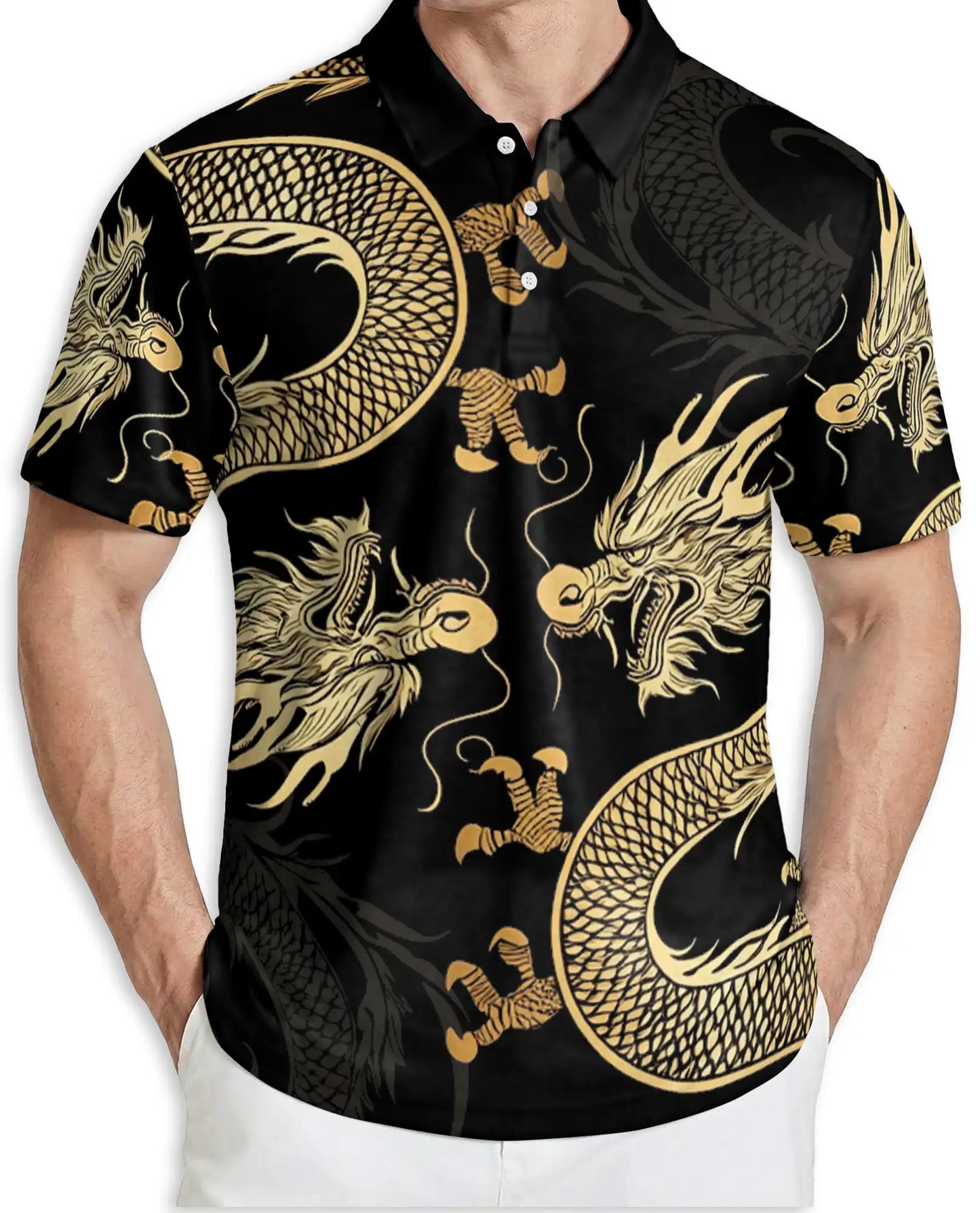 Gold Dragon 3D Polo Shirt for Men, Black Asian Fantasy Art Style | Azhawaiian