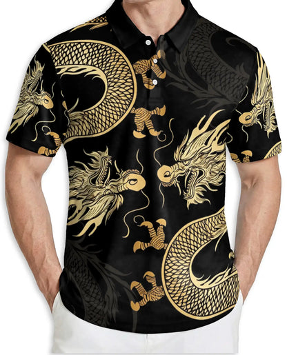 Gold Dragon 3D Polo Shirt for Men, Black Asian Fantasy Art Style | Azhawaiian