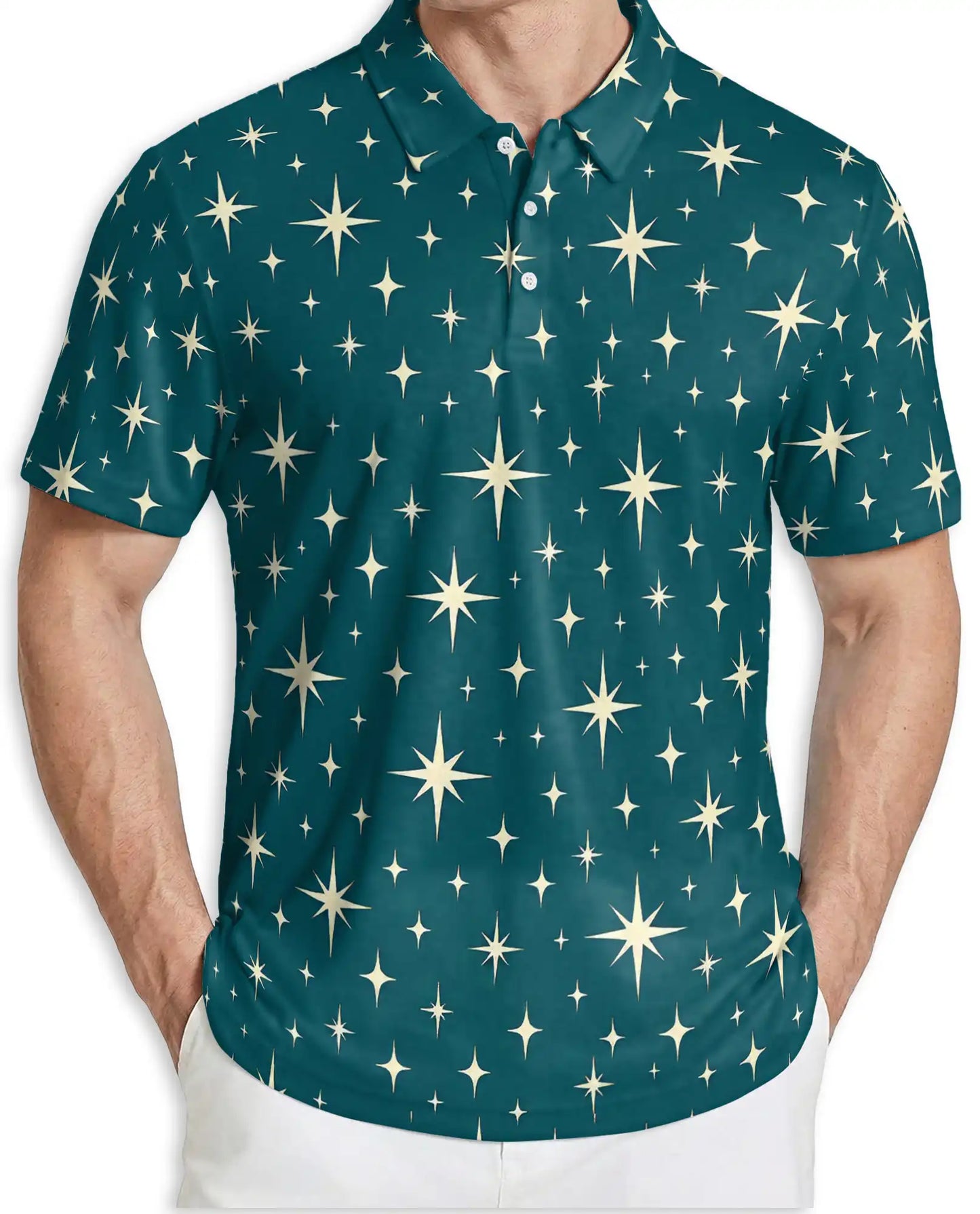 Retro Star Pattern Polo Shirt, Celestial Sky Print | Azhawaiian