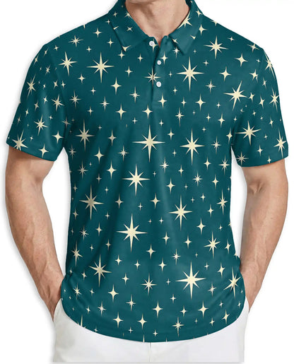 Retro Star Pattern Polo Shirt, Celestial Sky Print | Azhawaiian