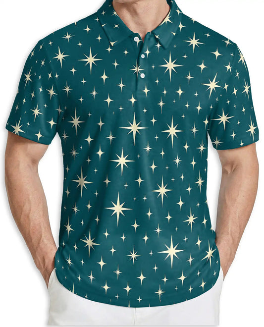 Retro Star Pattern Polo Shirt, Celestial Sky Print | Azhawaiian