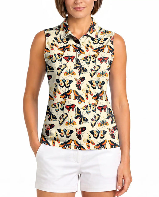 Vintage Butterfly Sleeveless Polo Shirt for Women, Retro Nature Style | Azhawaiian