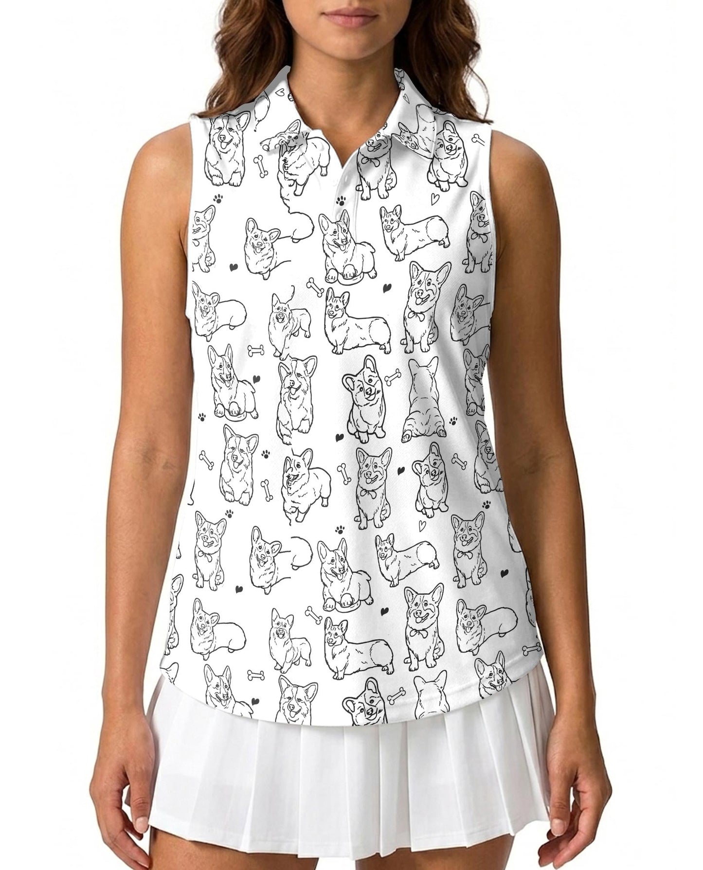 Corgi Pattern Sleeveless Polo Shirt for Women | Azhawaiian