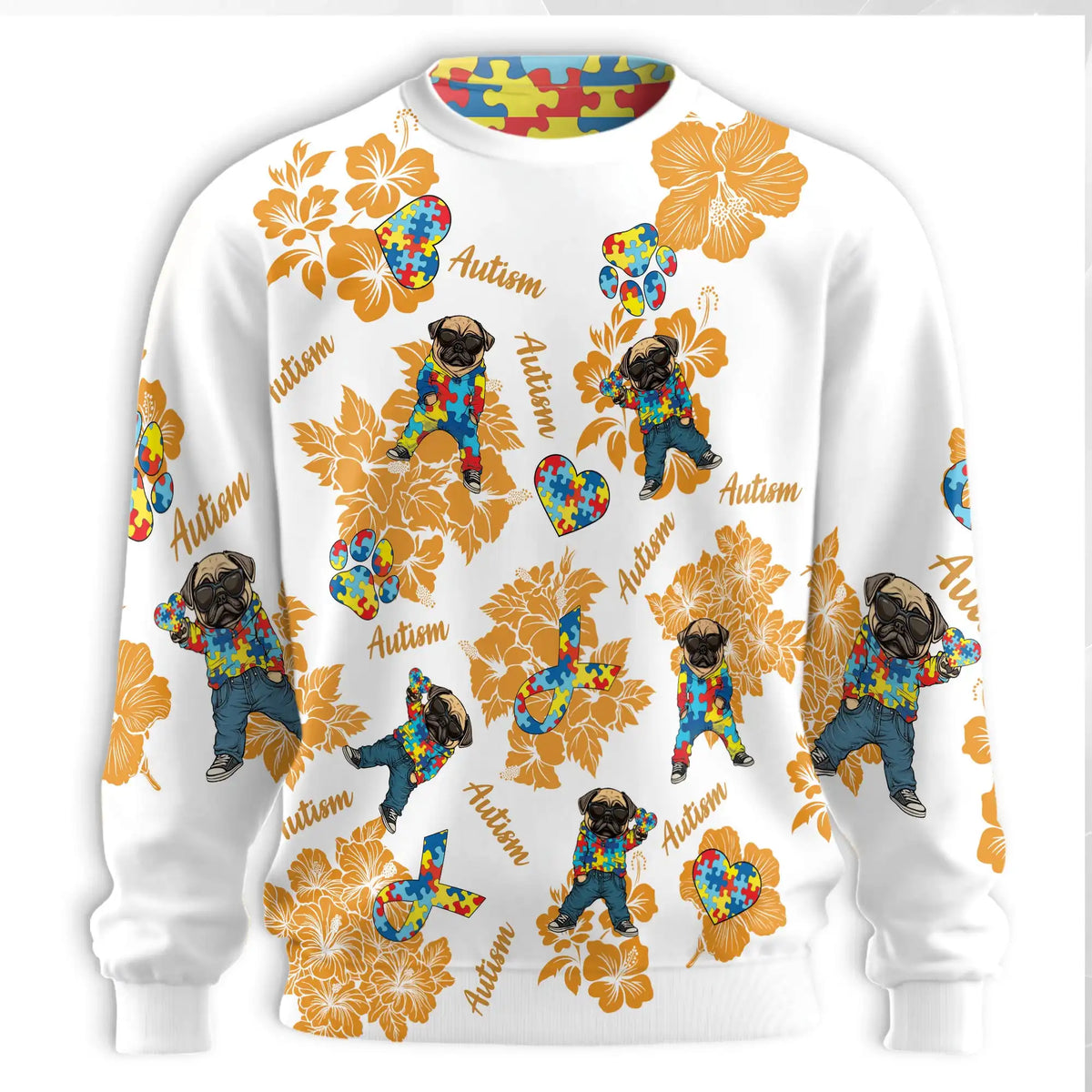 Pug Autism Awareness Sweatshirt – Colorful Graphic 3D All Over Print Design