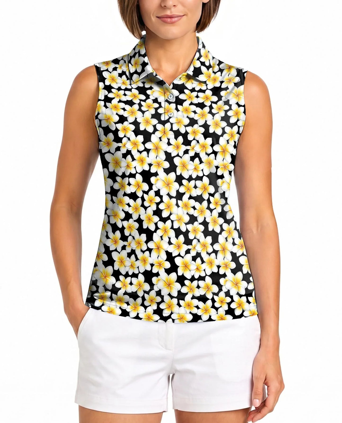 Yellow Plumeria Sleeveless Polo Shirt for Women | Azhawaiian