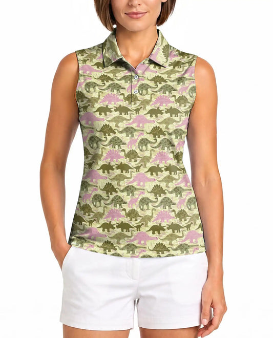 Cute Dinosaur Pattern Sleeveless Polo Shirt for Women | Azhawaiian