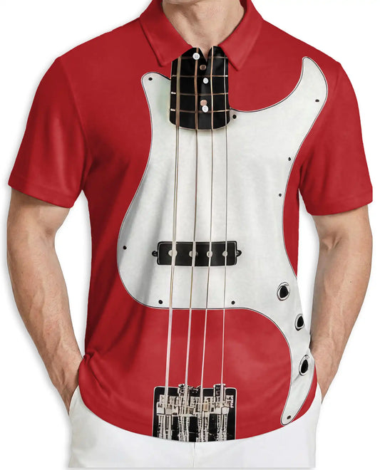 Red Bass Guitar 3D Polo Shirt for Men, Rock Music Instrument Style | Azhawaiian