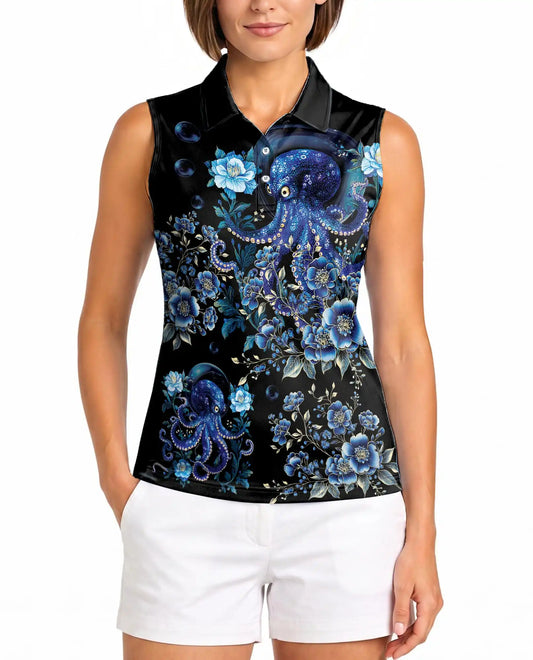 Blue Octopus Floral Sleeveless Polo Shirt for Women, Ocean Tropical Style | Azhawaiian