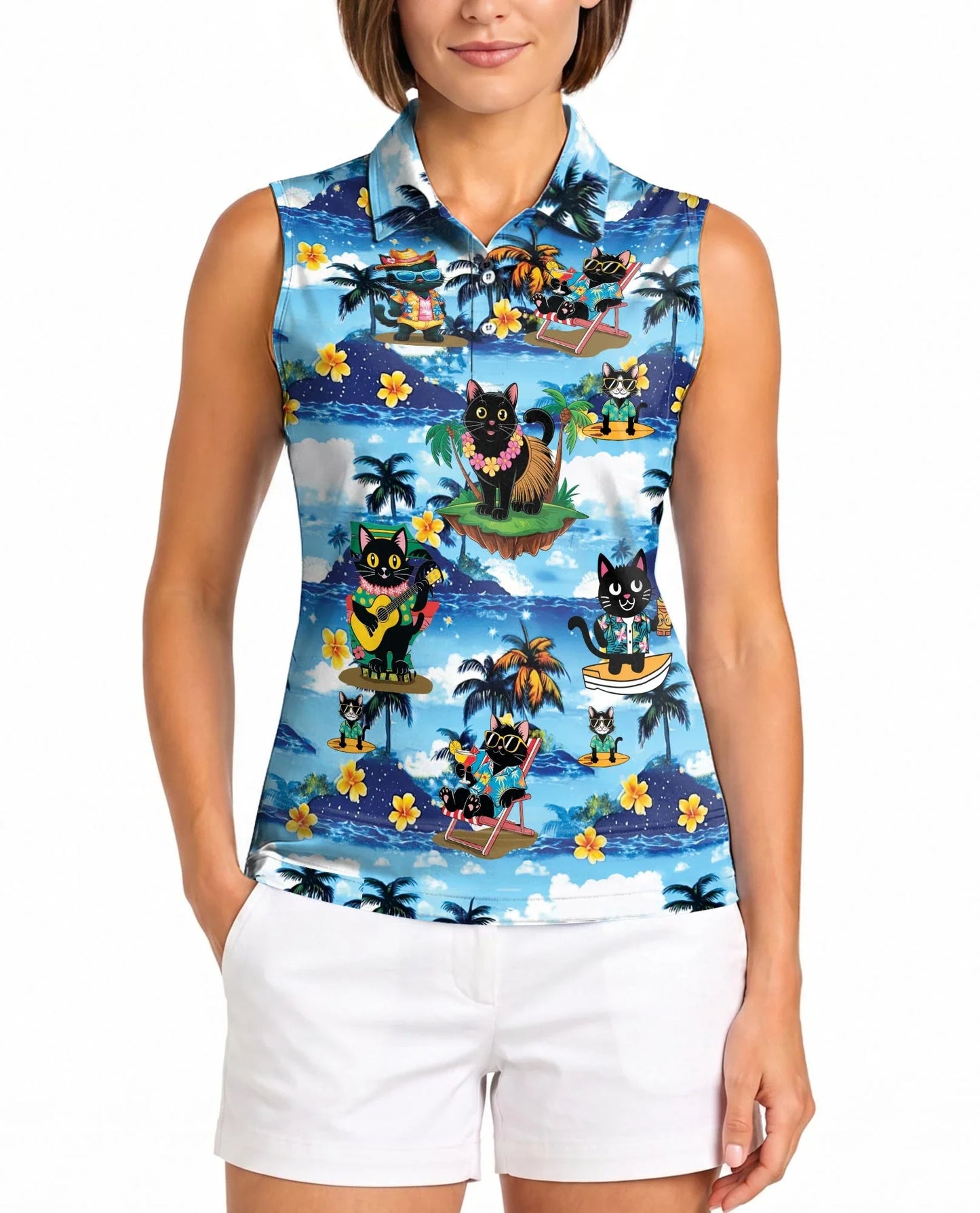 Tropical Cat Sleeveless Polo Shirt for Women | Azhawaiian