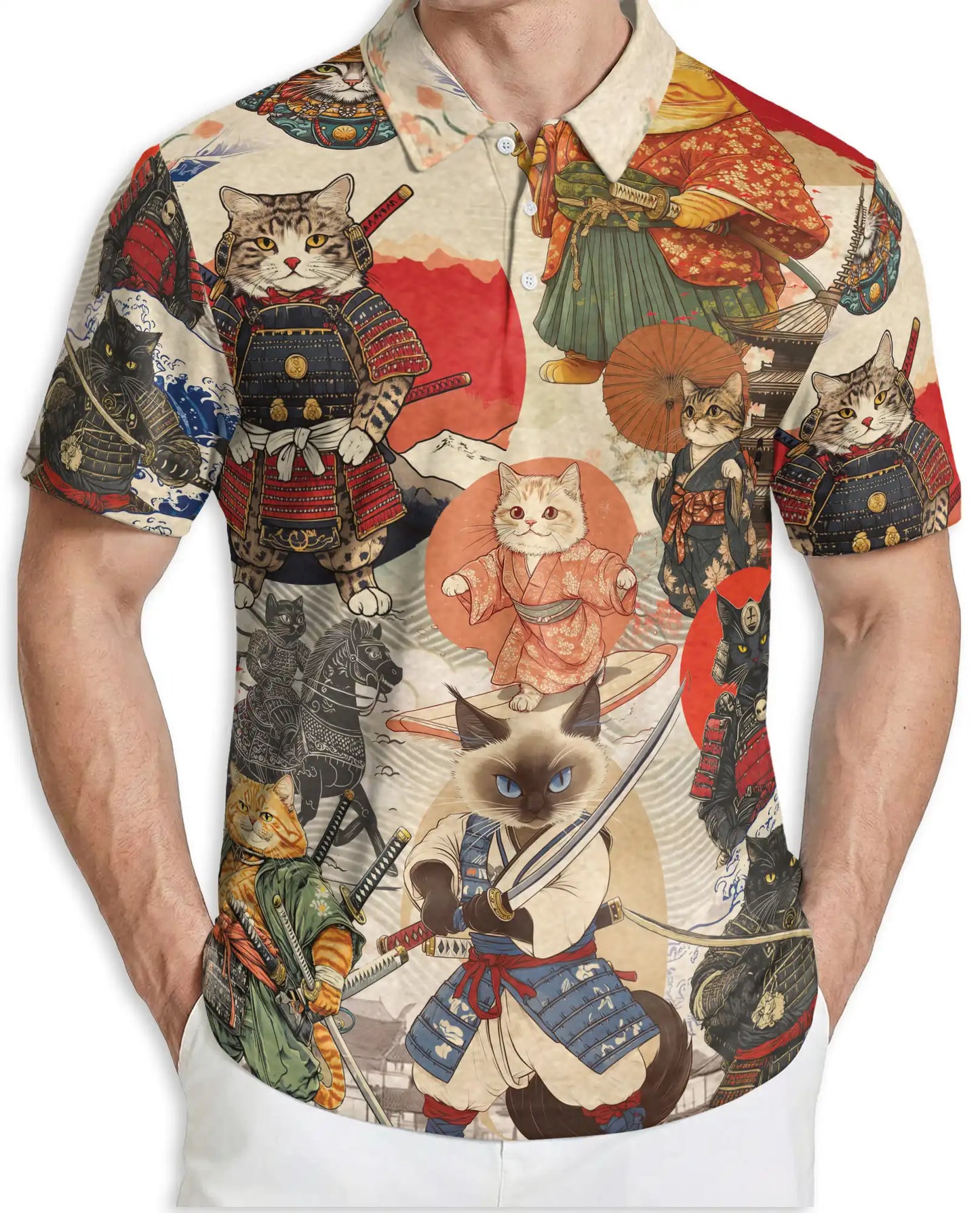 Samurai Cat 3D Polo Shirt for Men, Japanese Warrior Anime Style | Azhawaiian