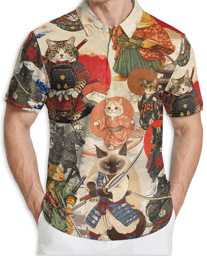Samurai Cat 3D Polo Shirt for Men, Japanese Warrior Anime Style | Azhawaiian
