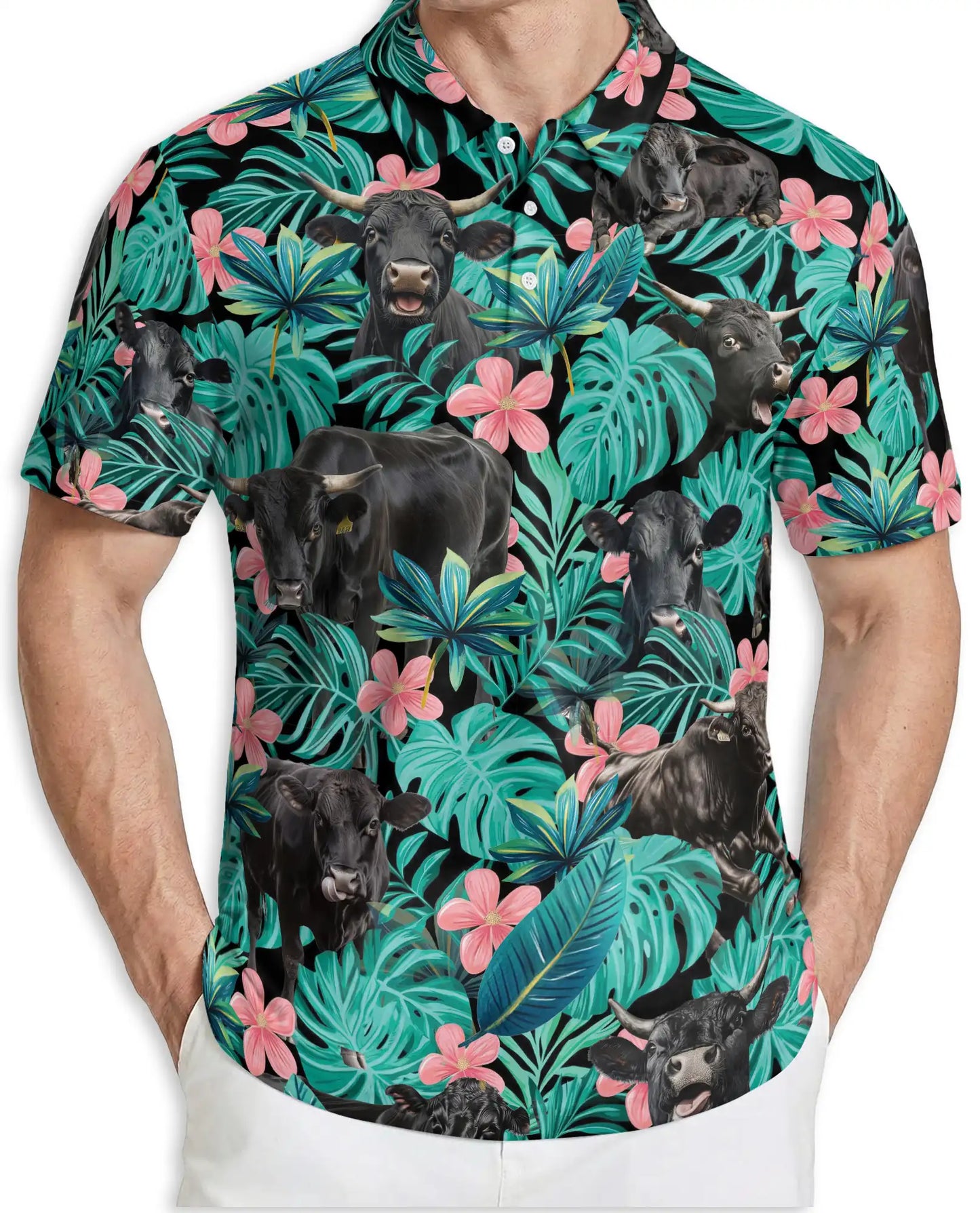 Black Cow Tropical Floral 3D Polo Shirt for Men, Hawaiian Farm Animal Style | Azhawaiian