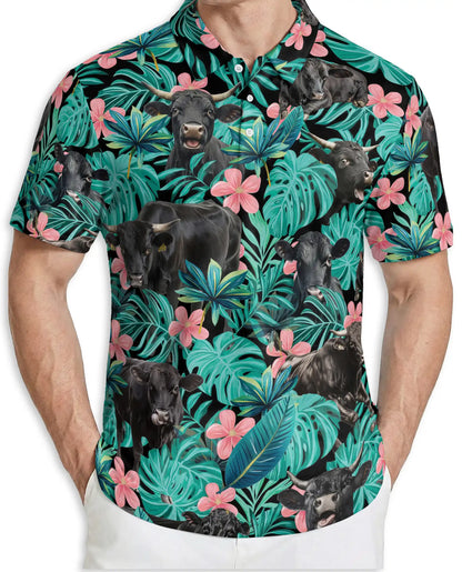 Black Cow Tropical Floral 3D Polo Shirt for Men, Hawaiian Farm Animal Style | Azhawaiian