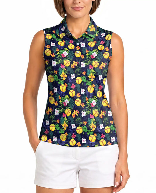 Softball Simple Floral Sleeveless Polo Shirt for Women, Sporty Flower Style | Azhawaiian