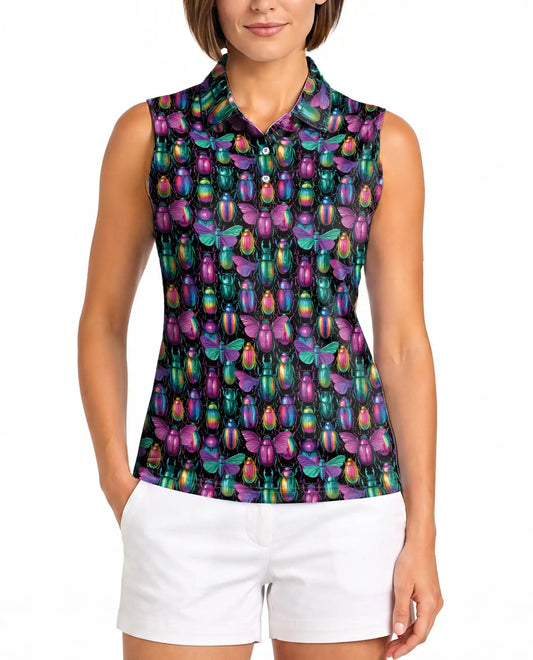Iridescent Beetle Pattern Sleeveless Polo Shirt for Women  | Azhawaiian
