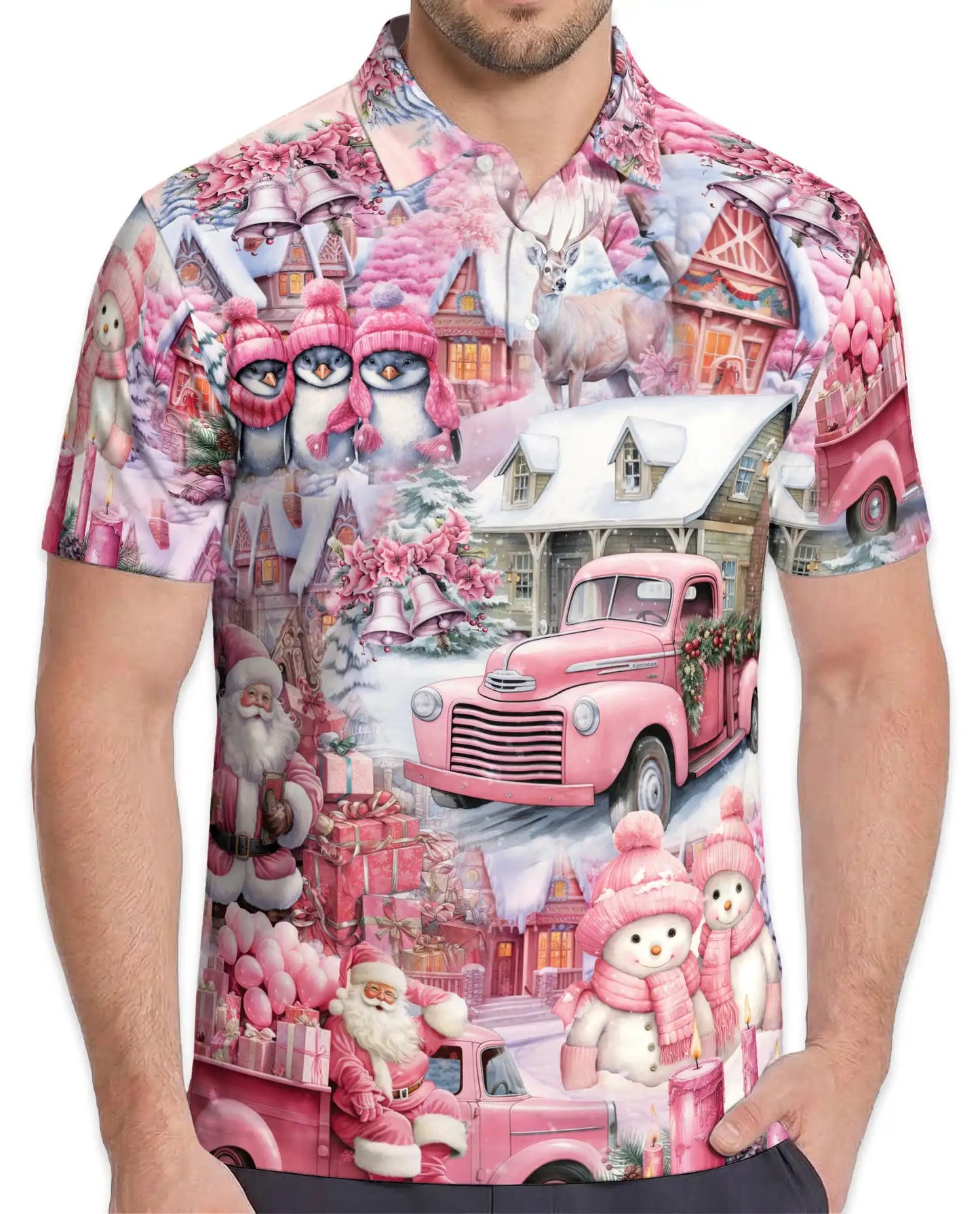 Pink Christmas Truck 3D Polo Shirt for Men, Santa Winter Village Style | Azhawaiian