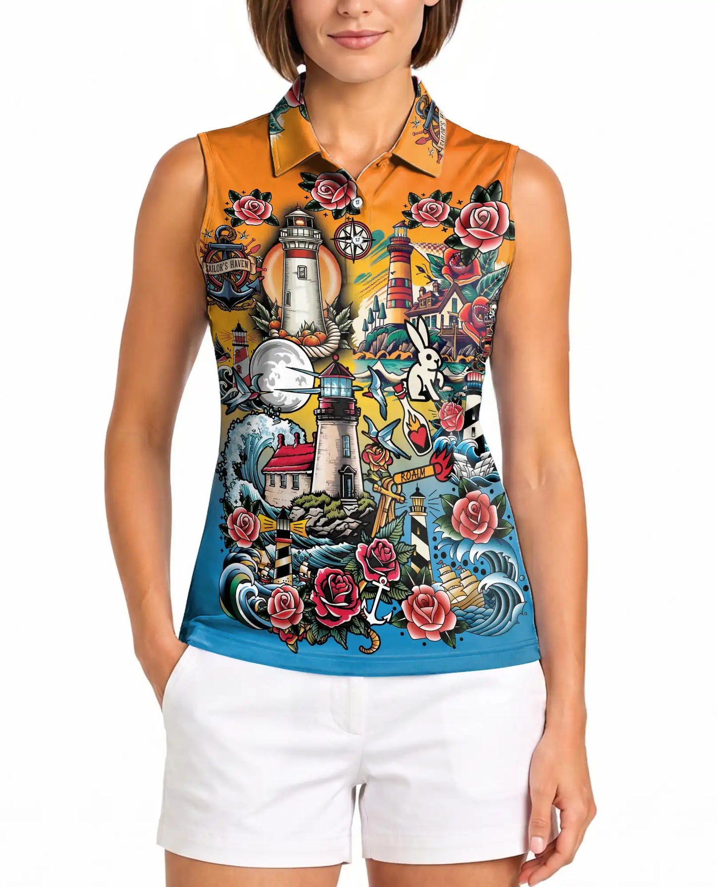 Nautical Lighthouse Sleeveless Polo Shirt for Women, Coastal Ocean Style | Azhawaiian