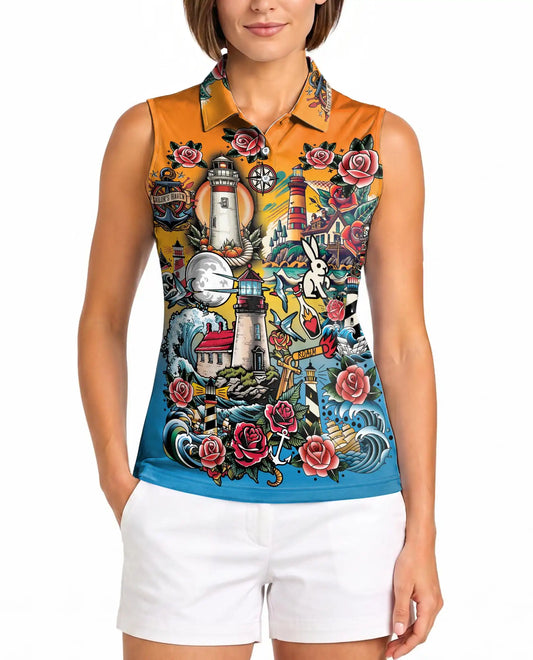 Nautical Lighthouse Sleeveless Polo Shirt for Women, Coastal Ocean Style | Azhawaiian