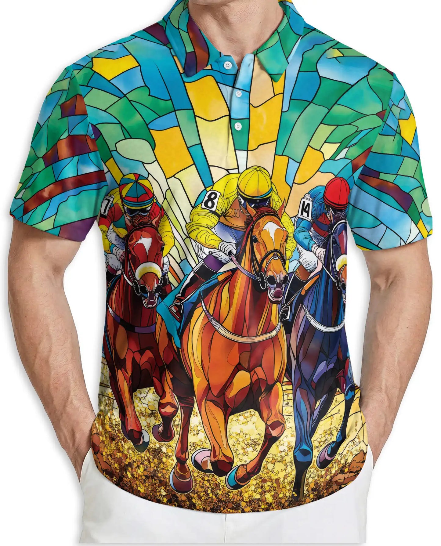 Stained Glass Horse Racing 3D Polo Shirt for Men, Colorful Jockey Derby Style | Azhawaiian