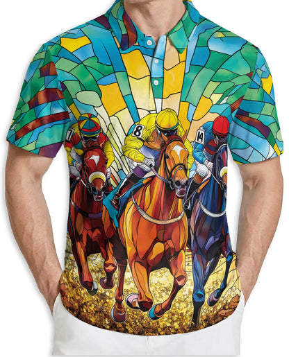 Stained Glass Horse Racing 3D Polo Shirt for Men, Colorful Jockey Derby Style | Azhawaiian