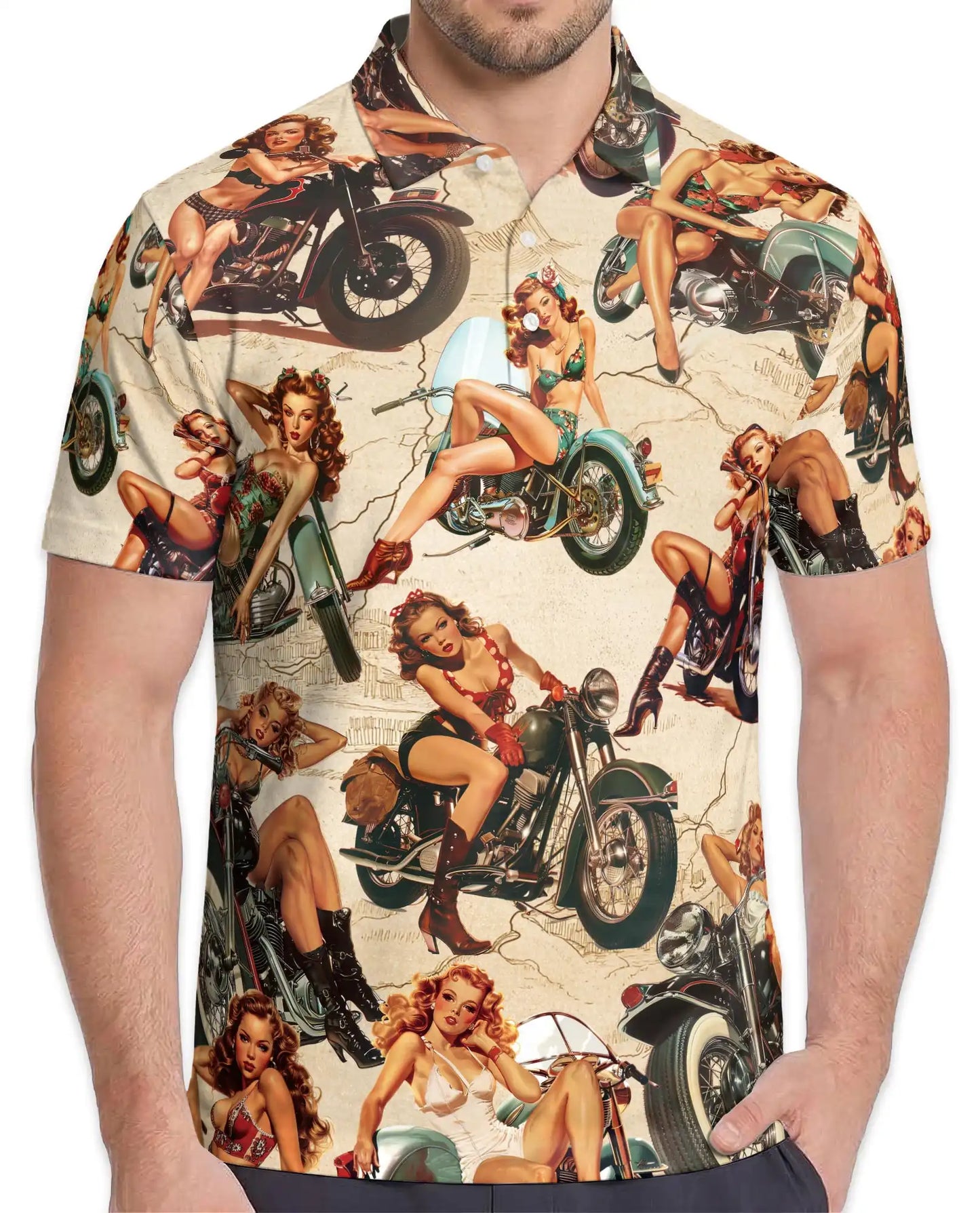 Vintage Pin Up Motorcycle Polo Shirt - Retro Biker Style | Azhawaiian