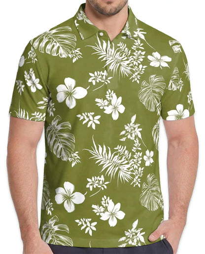 Tropical Floral Polo Shirt - Olive Green Island Style | Azhawaiian
