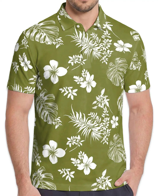 Tropical Floral Polo Shirt - Olive Green Island Style | Azhawaiian