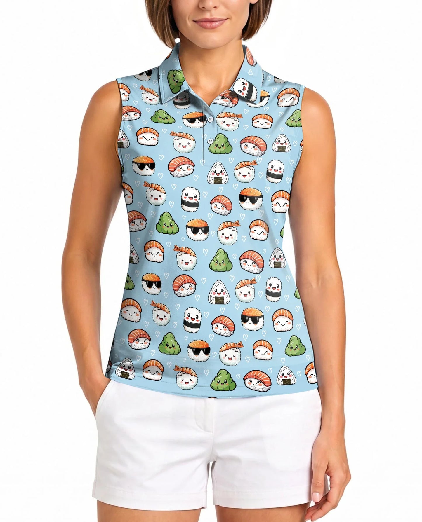 Kawaii Japanese Sushi Sleeveless Polo Shirt for Women, Cute Food Style | Azhawaiian