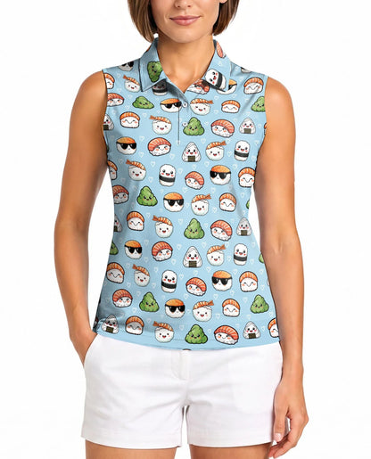 Kawaii Japanese Sushi Sleeveless Polo Shirt for Women, Cute Food Style | Azhawaiian