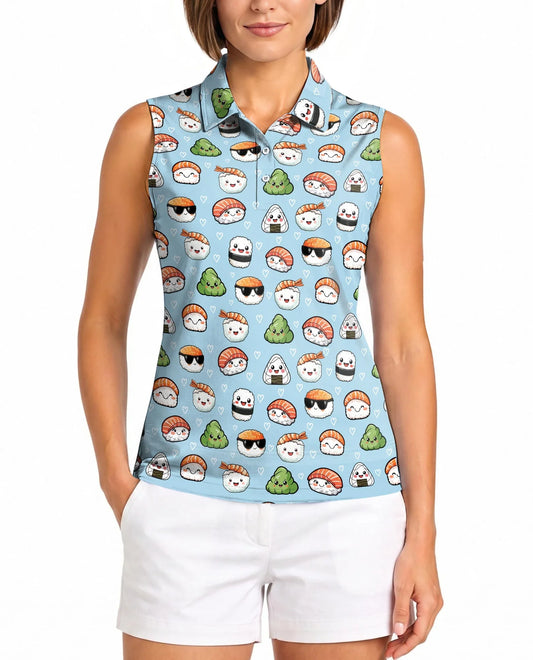 Kawaii Japanese Sushi Sleeveless Polo Shirt for Women, Cute Food Style | Azhawaiian