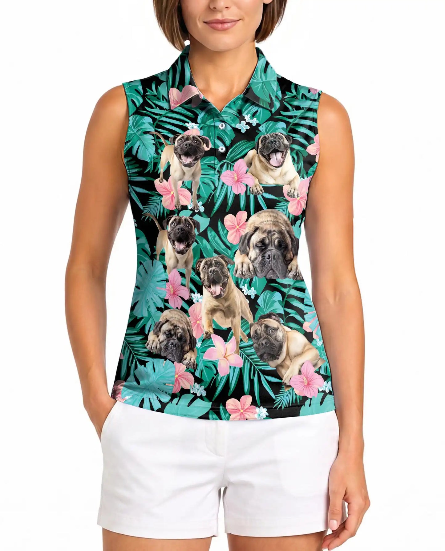 English Mastiff Summer Leaves Sleeveless Polo Shirt for Women | Azhawaiian