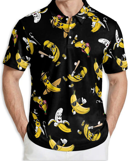 Funny Banana Cartoon 3D Polo Shirt for Men, Cool Fruit Humor Style | Azhawaiian