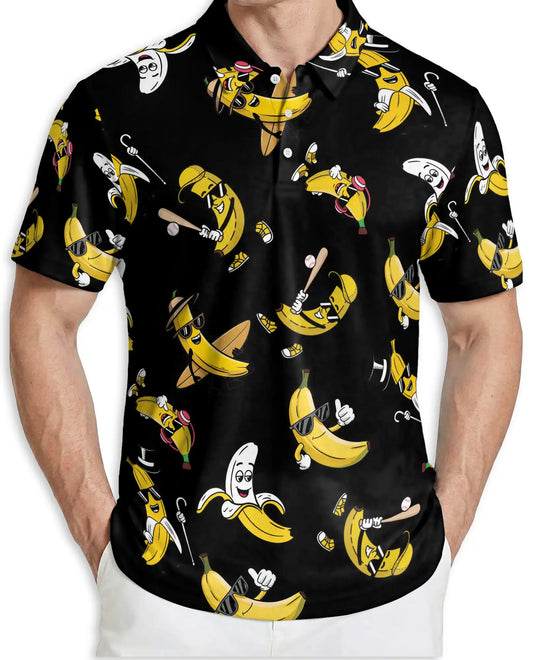 Funny Banana Cartoon 3D Polo Shirt for Men, Cool Fruit Humor Style | Azhawaiian