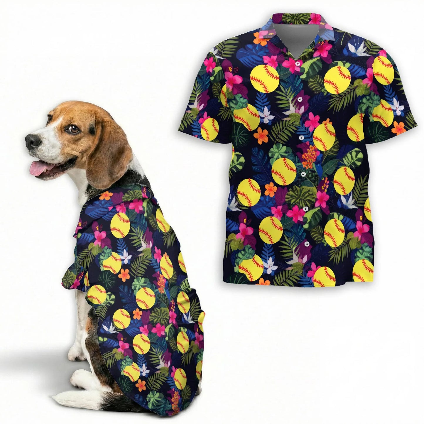 Softball Flower Tropical Print Matching Dog Owner Hawaiian Shirts, Funny Pet Aloha Shirt for Beach Vacation - Azhawaiian
