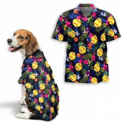 Softball Flower Tropical Print Matching Dog Owner Hawaiian Shirts, Funny Pet Aloha Shirt for Beach Vacation - Azhawaiian