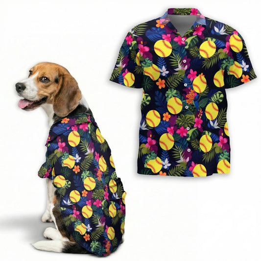 Softball Flower Tropical Print Matching Dog Owner Hawaiian Shirts, Funny Pet Aloha Shirt for Beach Vacation - Azhawaiian