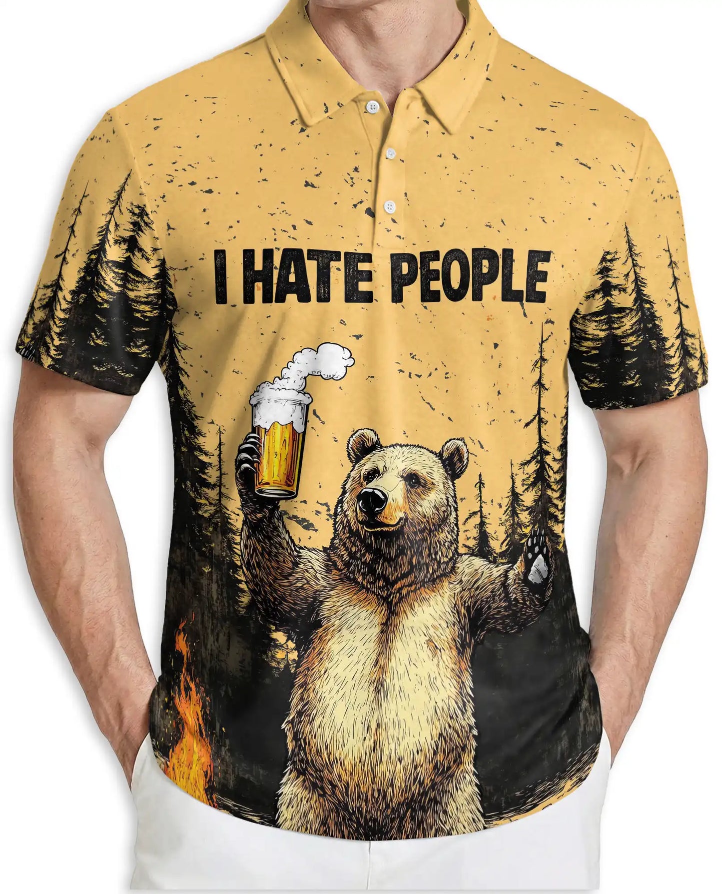 Funny Bear Beer 3D Polo Shirt for Men, Camping Wilderness Humor Style | Azhawaiian