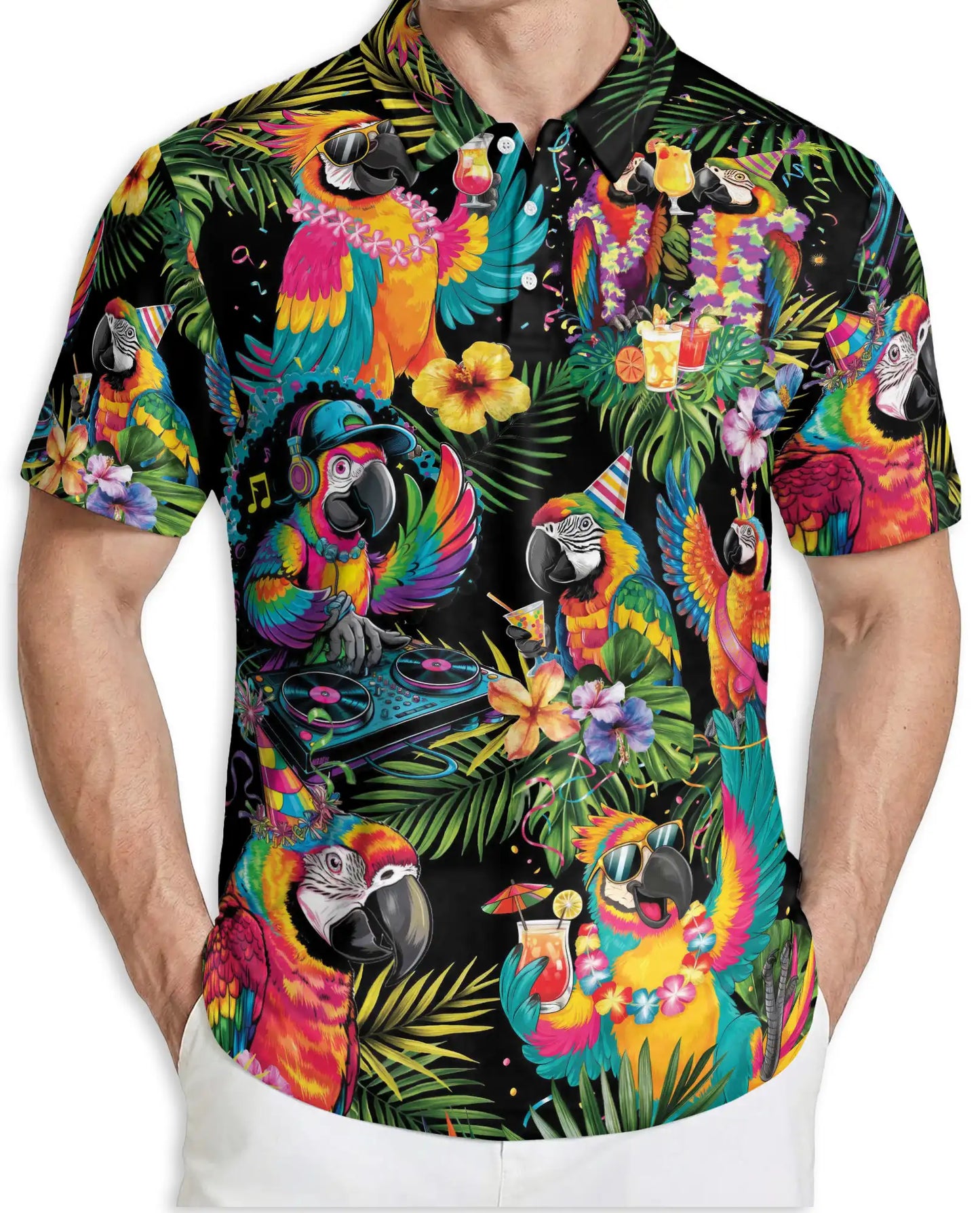 Tropical Party Parrot Polo Shirt Colorful Macaw DJ Hawaiian Design | Azhawaiian