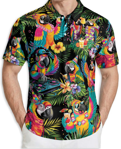 Tropical Party Parrot Polo Shirt Colorful Macaw DJ Hawaiian Design | Azhawaiian