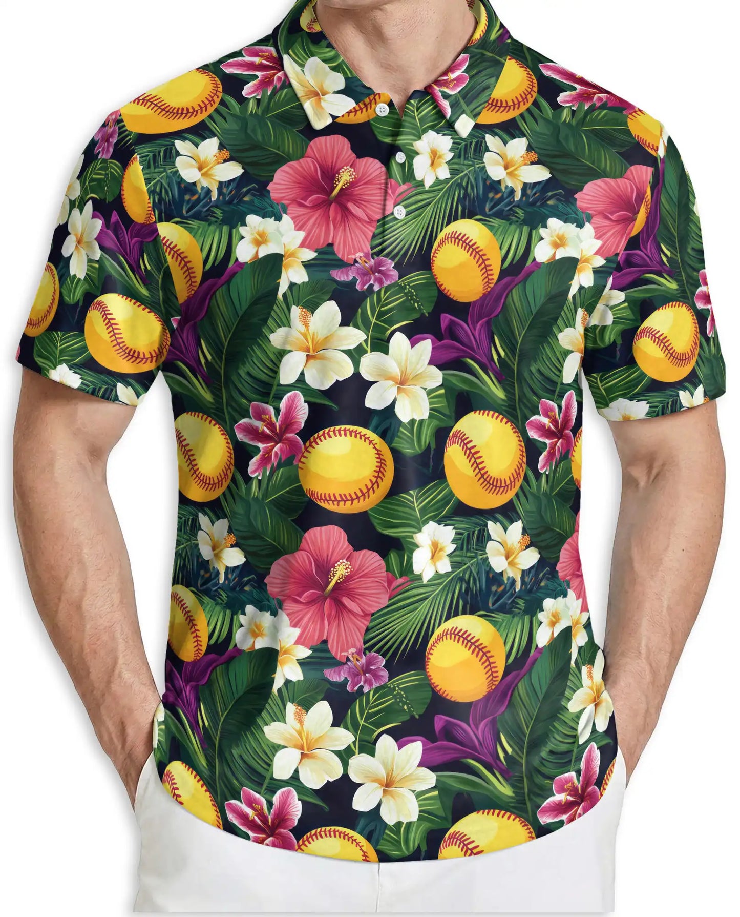 Softball Tropical Polo Shirt for Men- Floral Softball Pattern | Azhawaiian