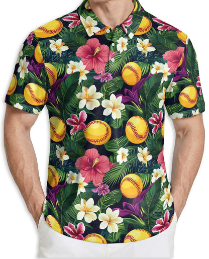 Softball Tropical Polo Shirt for Men- Floral Softball Pattern | Azhawaiian