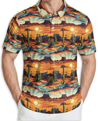 Southwestern Desert Sunset 3D Polo Shirt for Men, Cactus Western Style | Azhawaiian