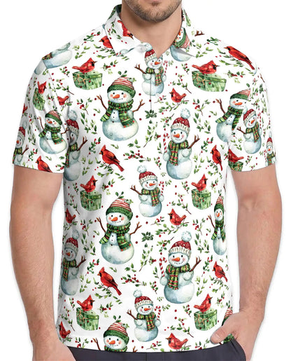 Christmas Snowman Polo Shirt, Cardinal Bird Holiday Print | Azhawaiian