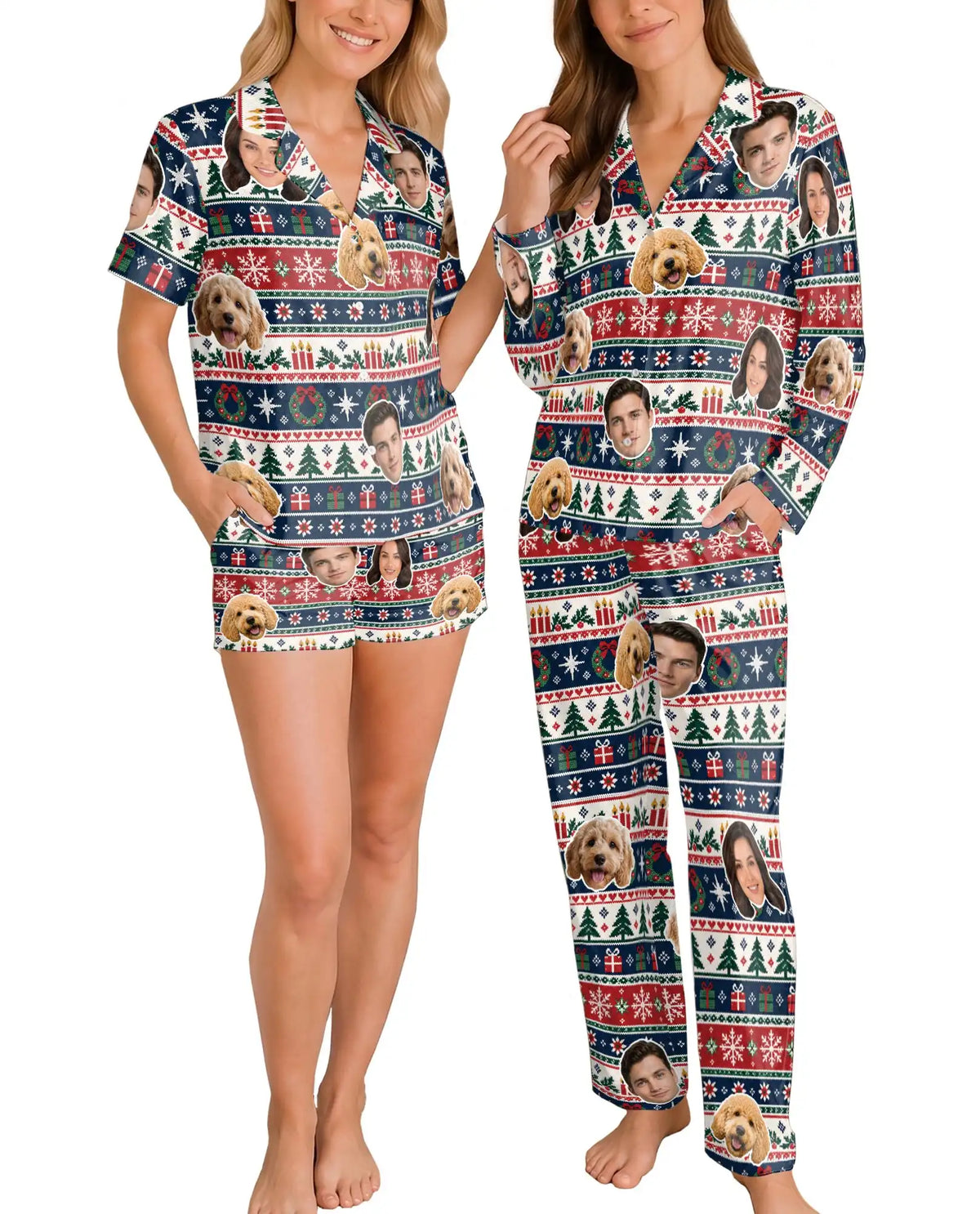 Personalized Christmas Fair Isle Pajamas for Women – Custom Face & Pet Photo Print